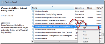 start windows media player 12 service