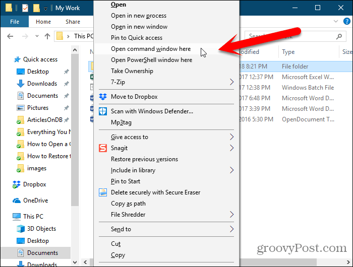 Open command window here option added to right-click menu in Windows File Explorer