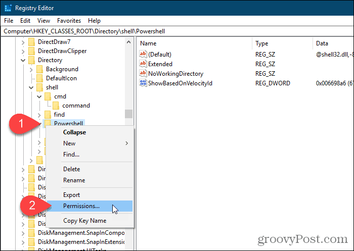 Select Permissions for the Powershell key in the Windows Registry Editor