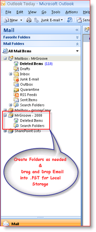 Outlook 2007 inbox displaying .PST Personal Data File in Navigation Pane :: groovyPost.com