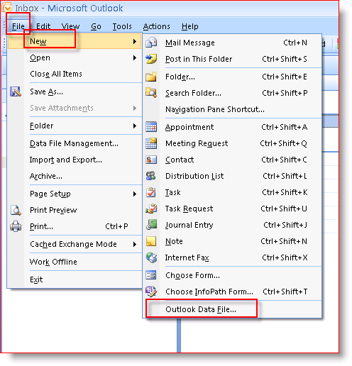 création d'un fichier d'archive concernant Outlook 2007