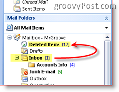 Outlook 2007 Screenshot explaining that deleted items are moved to the deleted items folder