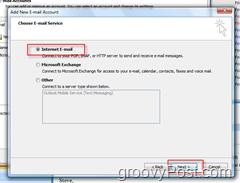 Create new Mail Account in Outlook 2007 :: Internet e-mail Radio Button