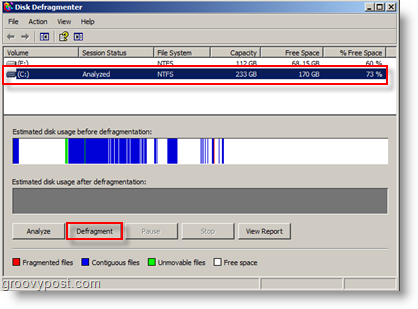 Disk Defragmenter Options for Windows XP - Analyze and Defragment