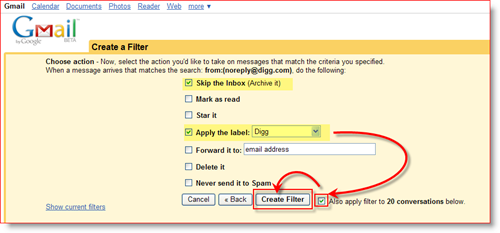 Create GMail filter action rules