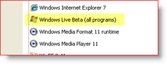 Control Panel, Windows XP, Installed Apps, Windows Live Beta (all programs)