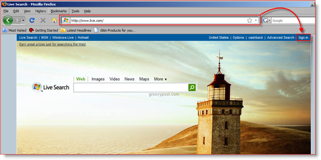 Live.com Homepage of Lighthouse