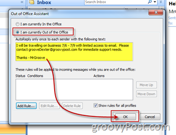 Enable / Turn on Microsoft Outlook Out of Office Assistant Auto-Reply