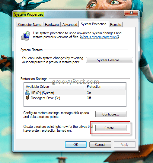 Create Windows 7 Restore Point
