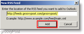 Screenshot Microsoft Outlook 2007 - Type in new RSS Feed