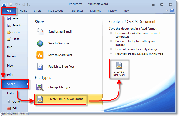 save a document using a pdf share option in office 2010