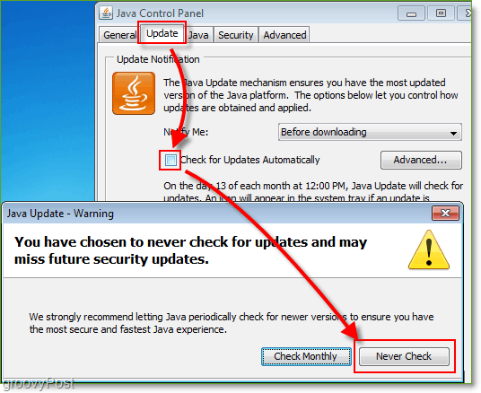 Screenshot: Windows 7 Disable Java Update Checks