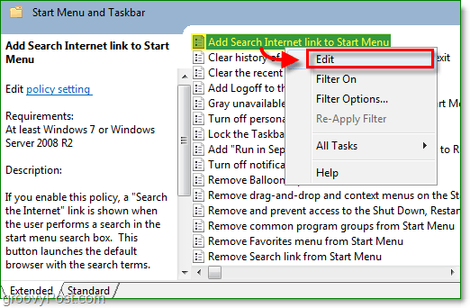 click the add search internet link to start menua and then click the edit option from the windows 7 right-click context menu