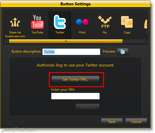 use the twitter tab to set up jing to share quickly to twitter