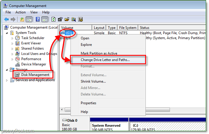use the disk management feature to enter the change drive letter dialog in windows 7