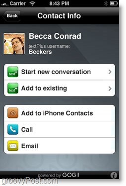 the contact info bar on text messager textPlus