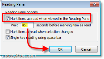 in the office outlook 2010 reading pane options click mark items as read when viewed in the reading pane and then enter the amount of time you want to wait before marking items as read, this is how long it takes you to typically read an email