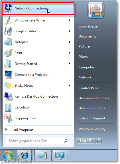 start menu with Network Connections shortcut added