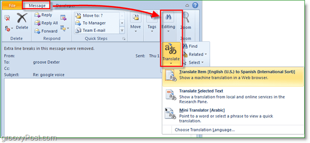 in outlook the translation button is located in a different place where is it?
