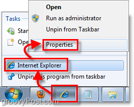 how to get to the shortcut properties for pinned taskbar shorctuts in windows 7