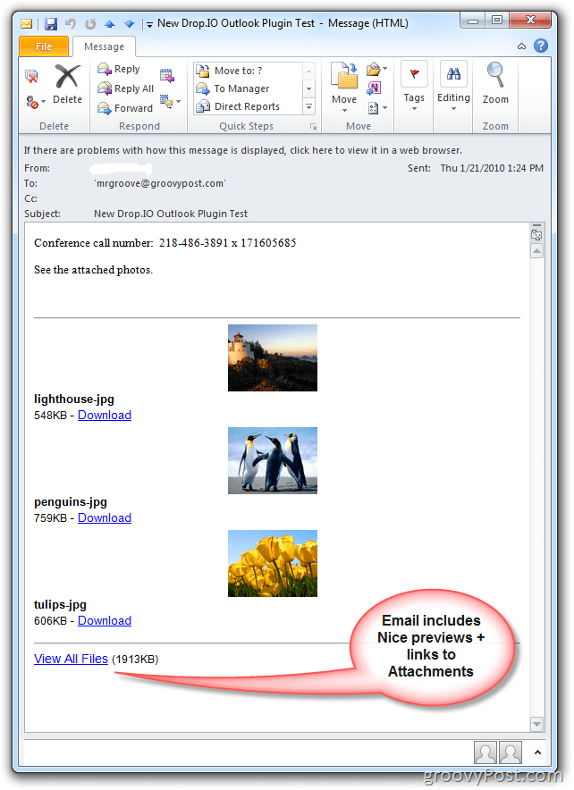 Drop.io Microsoft Outlook Plugin Attached Photos