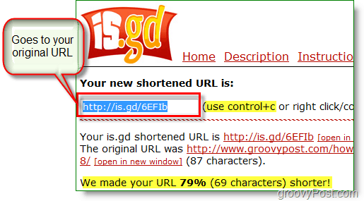 is.gd url shortener screenshot - copy the new short url