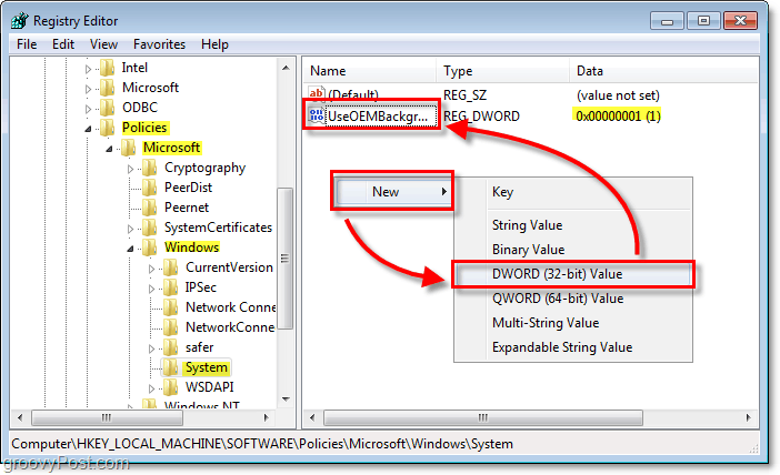 browse to the windows 7 registry key HKEY_LOCAL_MACHINESOFTWAREPoliciesMicrosoftWindowsSystem