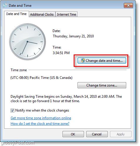 Windows 7 screenshot - change the date and the time