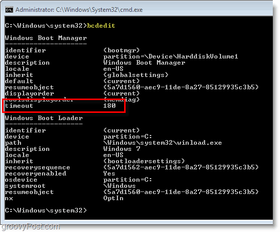 Windows 7 screenshot - checking your bcdedit settings