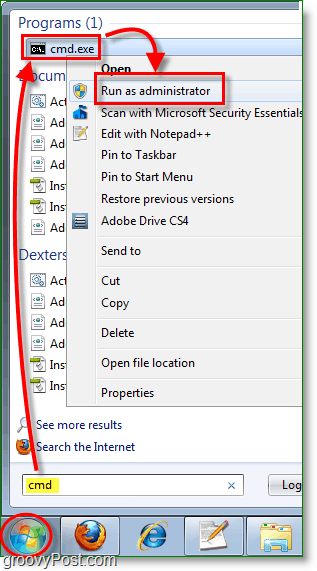 Windows 7 screenshot -run cmd as an administrator