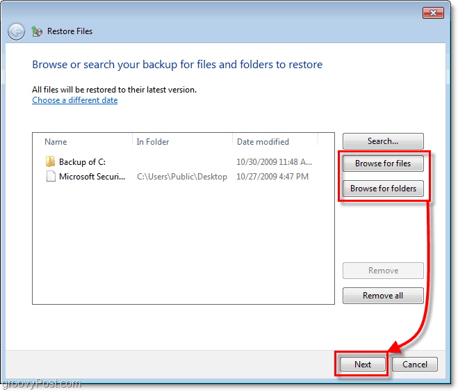Windows 7 Backup - select which files or folders you would like to restore