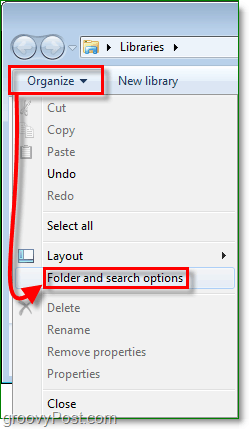 in Windows 7 to get to the folder options window, click organize and then click folder and search options