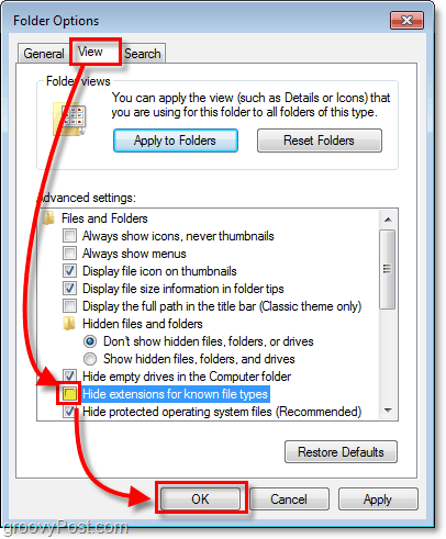 in the windows 7 folder options dialog click the view tab then un-check hide extensions for known file types