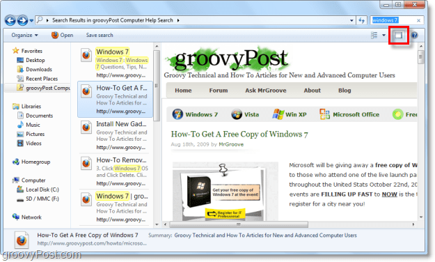 use the windows 7 preview pane to view websites via search connector in your explorer window