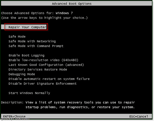 Start Windows 7 in repair computer mode