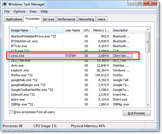 csrss.exe as seen in the windows 7 task manager