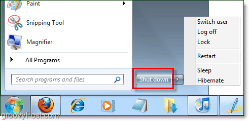 the windows 7 start menu power button with default properties as shut down