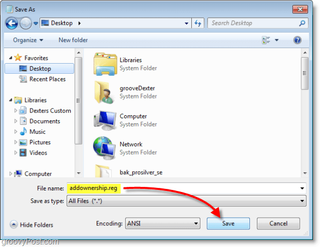 Windows 7 screenshot - save as addownership.reg