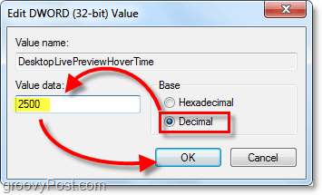 adjust the dword properties to Decimal and value data to 2500 for windows 7 DesktopLivePreviewHoverTime
