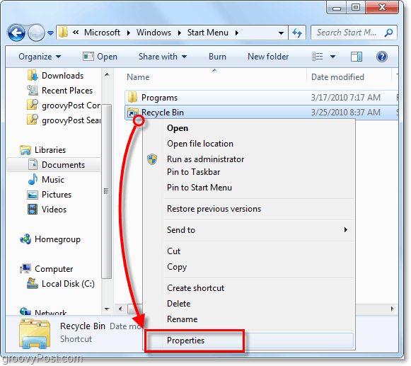 adjust properties of a shortcut in windows 7