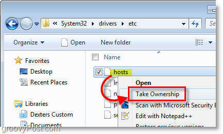 Windows 7 screenshot - use right click context menu to take ownership of any file in windows 7