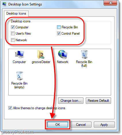 in the desktop icon settings uncheck and check the boxes then click ok
