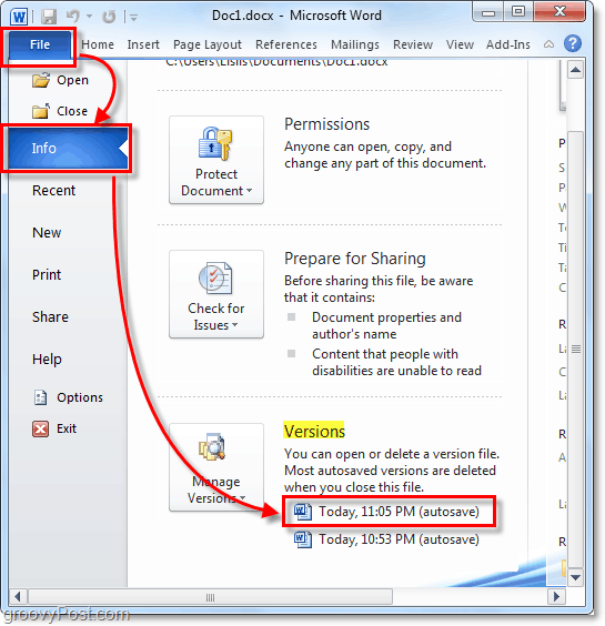 autosaved version revert to outlook 2010
