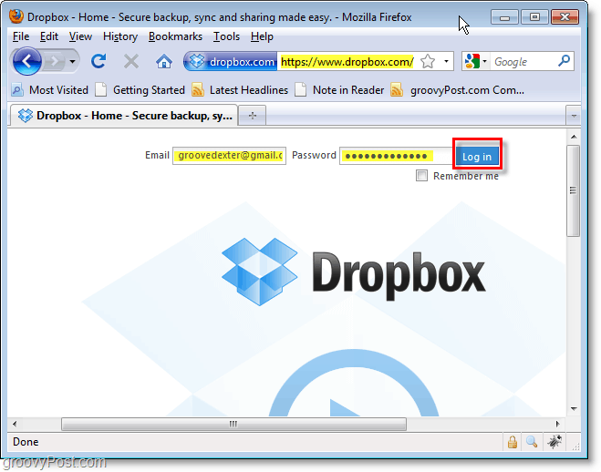 Dropbox screenshot - login to dropbox