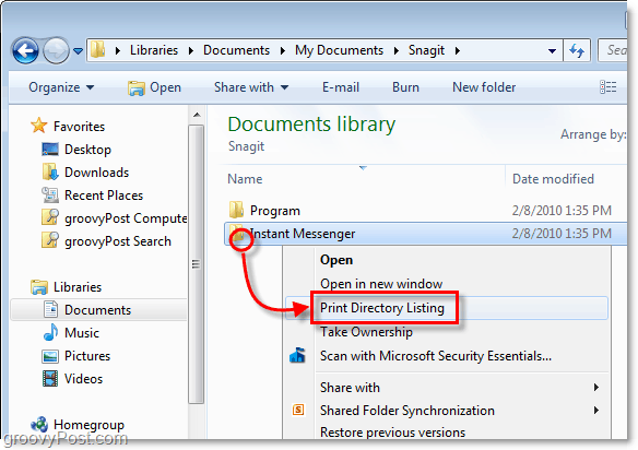 print directory listin from the context menu