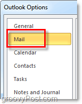 click the mail options tab in outlook 2010