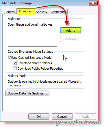 Outlook 2010 Screenshot exchange advanced tab add mailbox