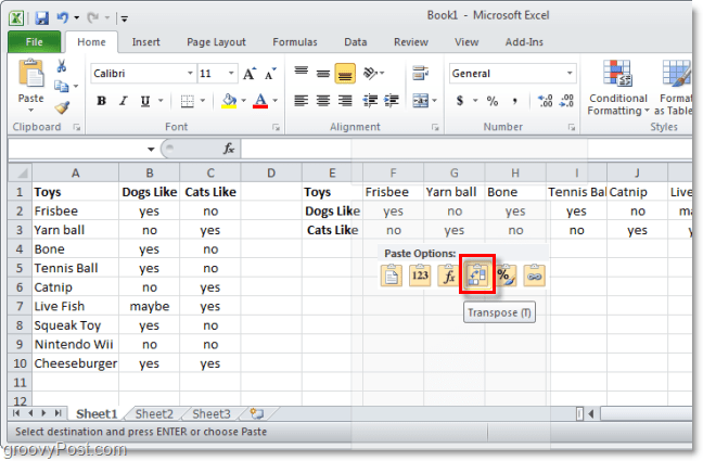 paste in excel using transpose