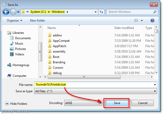 save the file as printdir.bat in your windows folder