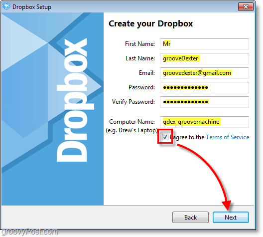 Dropbox screenshot - enter your account information